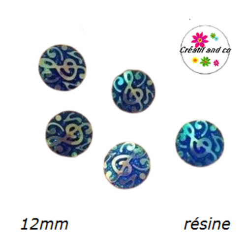X2 cabochons motif note de musique bleu roi résine 12mm