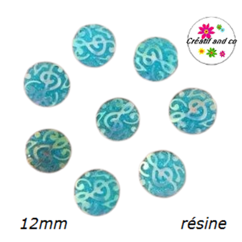 X2 cabochons motif note de musique turquoise résine 12mm