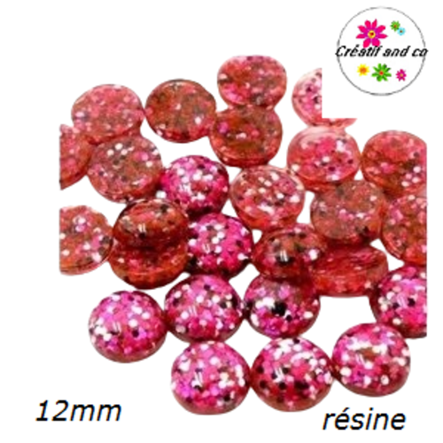 X2 cabochons dôme paillette fuschia/noir résine 12mm