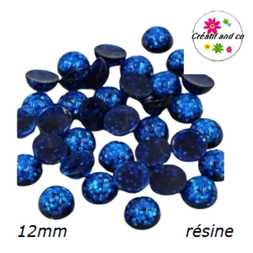 X2 cabochons dôme paillette bleu roi résine 12mm