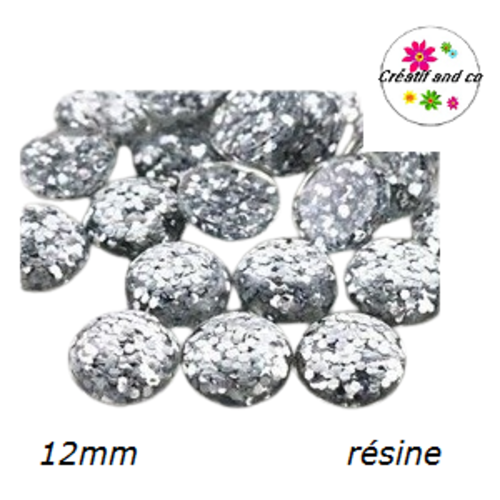 X2 cabochons dôme paillette argent résine 12mm