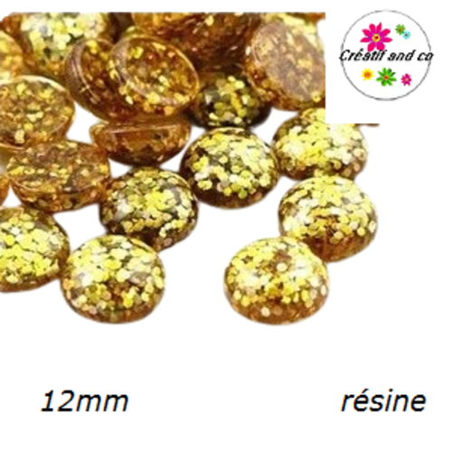 X2 cabochons dôme paillette doré foncé résine 12mm