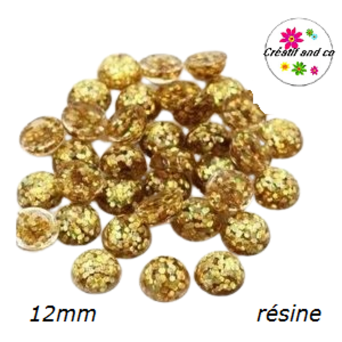 X2 cabochons dôme paillette doré résine 12mm