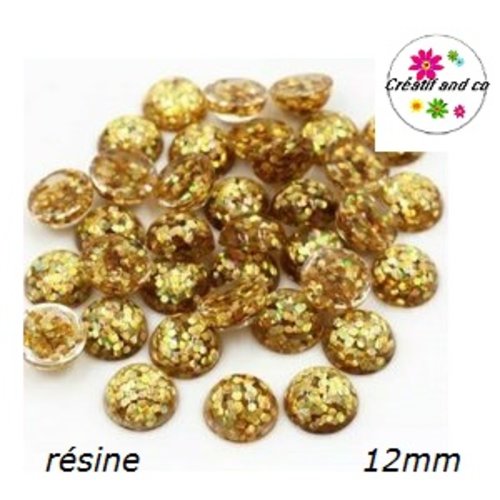X2 cabochons dôme paillette doré résine 12mm