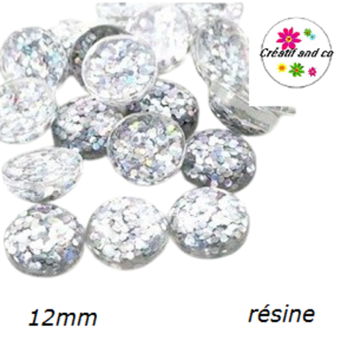 X2 cabochons dôme paillette argent brillant résine 12mm