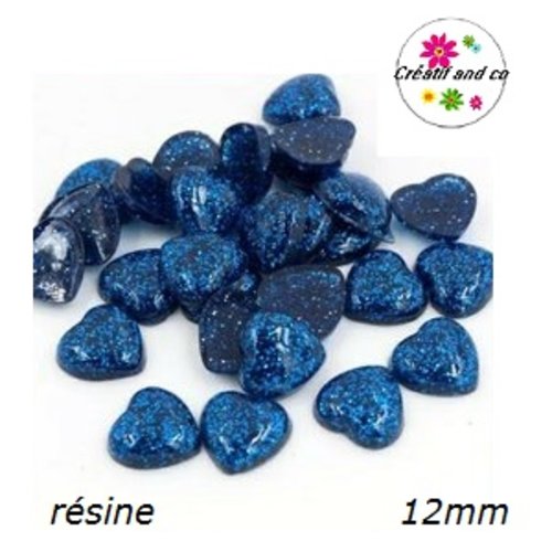 X2 cabochons coeur brillant bleu roi résine 12mm