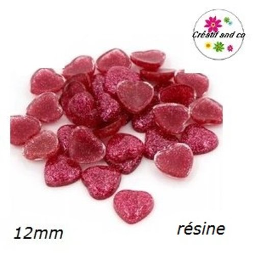 X2 cabochons coeur brillant fuchsia résine 12mm