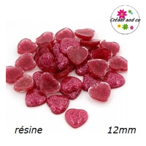 X2 cabochons coeur brillant fuchsia résine 12mm