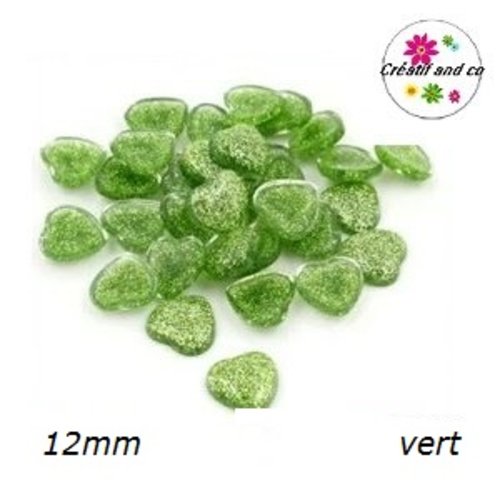 X2 cabochons coeur brillant résine vert 12mm