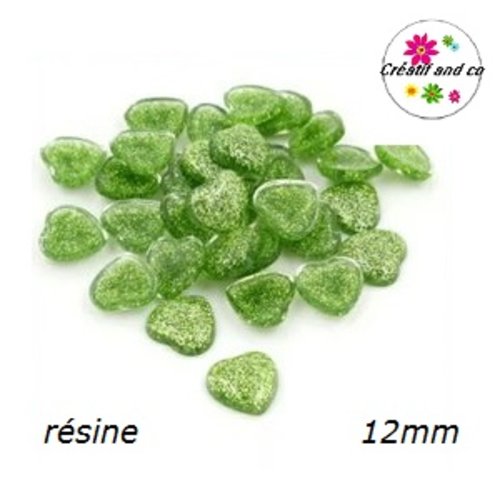 X2 cabochons coeur brillant vert résine 12mm