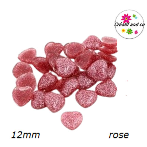 X2 cabochons coeur brillant résine rose 12mm