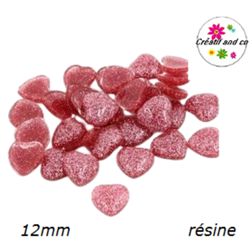 X2 cabochons coeur brillant rose résine 12mm