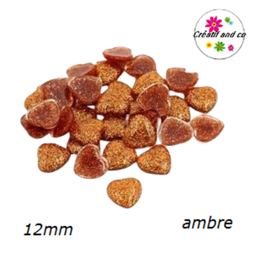 X2 cabochons coeur brillant résine ambre 12mm
