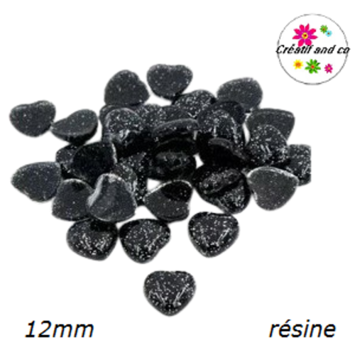 X2 cabochons coeur brillant noir résine 12mm