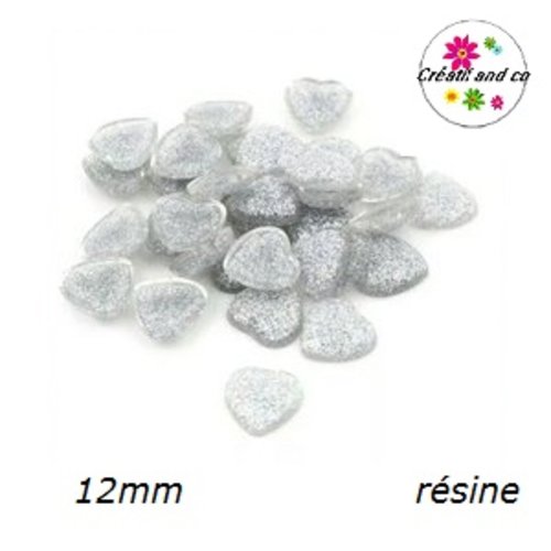 X2 cabochons coeur brillant blanc résine 12mm
