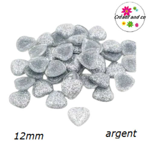 X2 cabochons coeur brillant résine argent 12mm