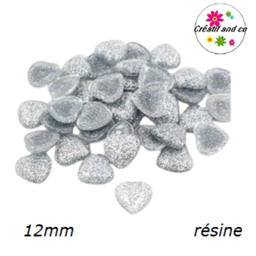 X2 cabochons coeur brillant argent résine 12mm