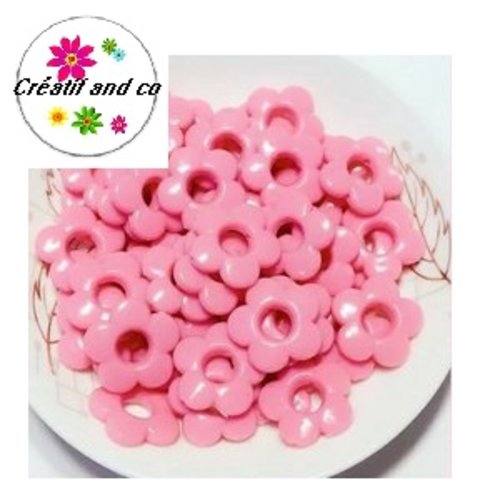 X 2 perles fleur rose bonbon 19mm