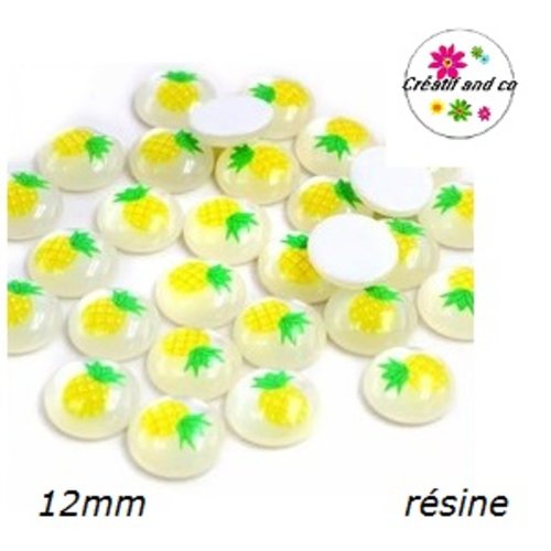 X2 cabochons motif ananas résine 12mm