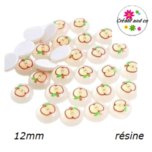 X2 cabochons motif pomme résine 12mm