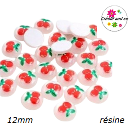 X2 cabochons motif cerise résine 12mm