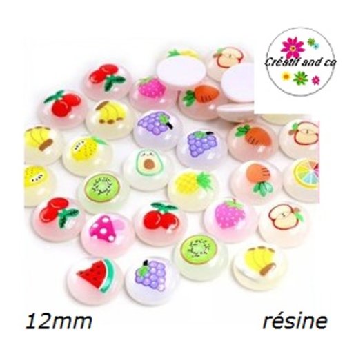 X6 cabochons mix fruits et légumes résine 12mm