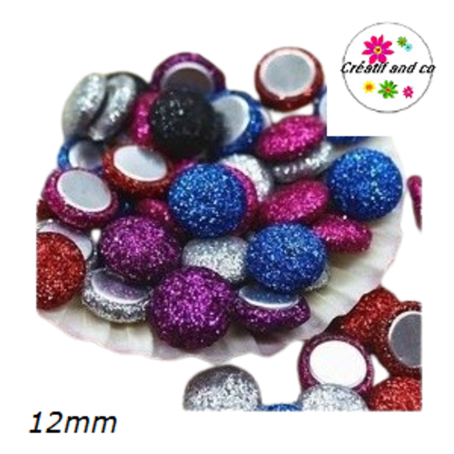 X2 cabochons dômes tissu paillette violine fuchsia 12mm