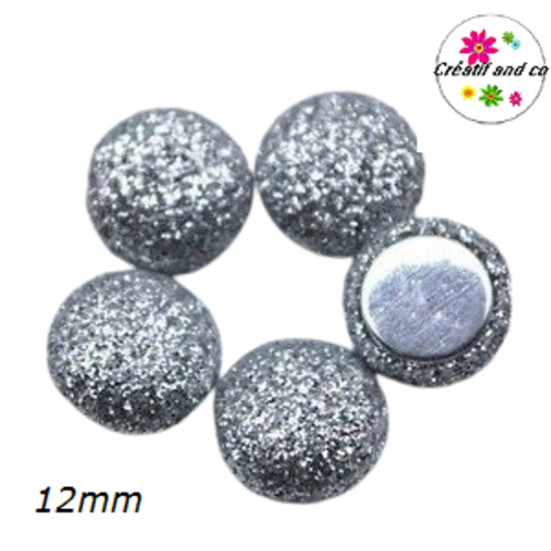 X2 cabochons dômes tissu paillette argent 12mm