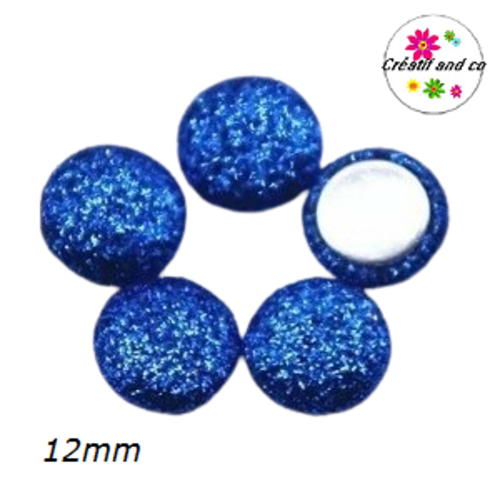 X2 cabochons dômes tissu paillette bleu roi 12mm