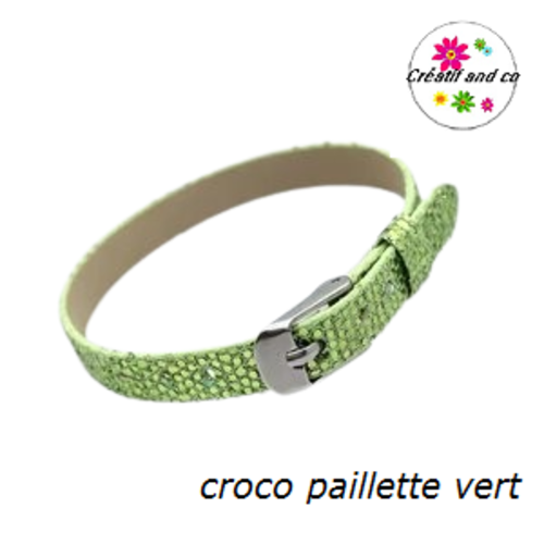 Bracelet simili cuir croco paillette vert  20cm