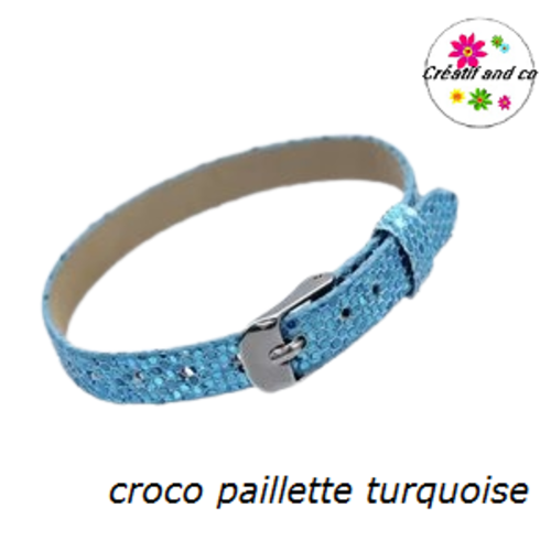 Bracelet simili cuir croco paillette turquoise 20cm