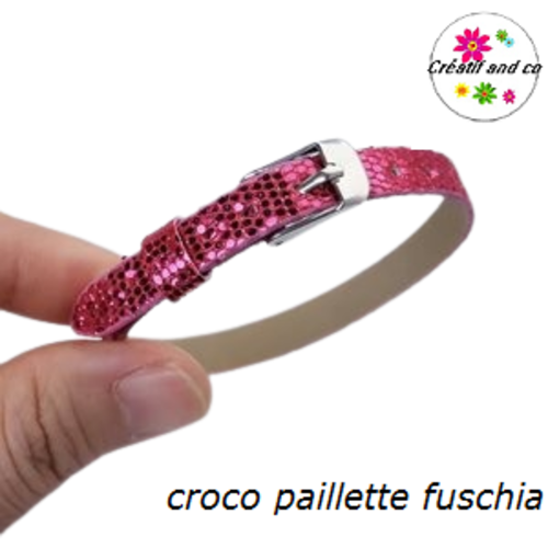 Bracelet simili cuir croco paillette fuchsia  20cm
