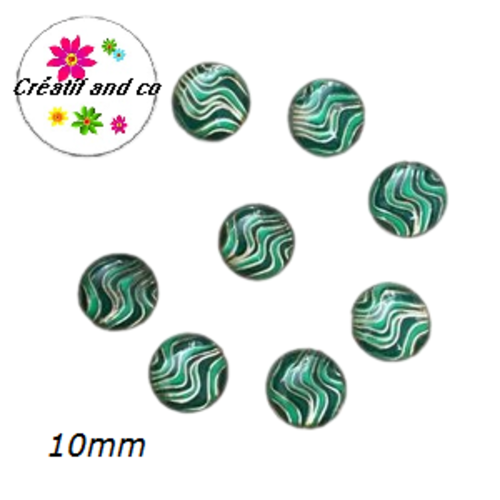X2 cabochons vert foncé/vert et or résine 10mm