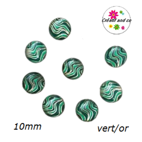 X2 cabochons verts foncés/verts et or résine 10mm