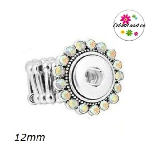Bague métal argentée et strass rosé pour bouton pression 12mm