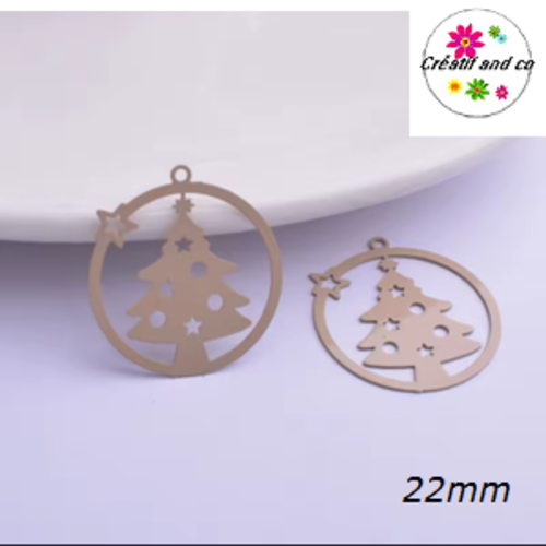 Breloque estampe sapin de nöel dans boule beige foncé  22mm