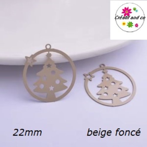 Breloque estampe sapin de nöel dans boule beige foncé  22mm