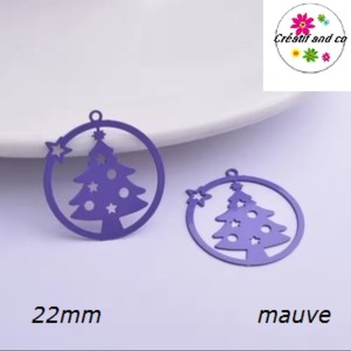 Breloque estampe sapin de nöel dans boule mauve  22mm
