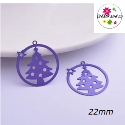 Breloque estampe sapin de nöel dans boule mauve  22mm