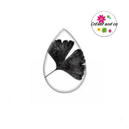 Cabochon goutte feuille de ginkgo noire 18x25mm