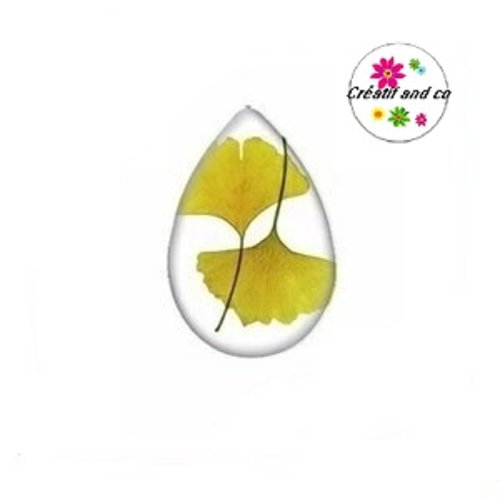 Cabochon goutte feuille de ginkgo moutarde 18x25mm