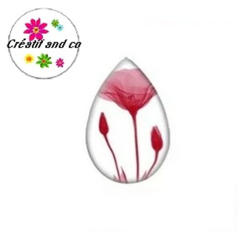 Cabochon goutte fleurs rouges 18x25mm