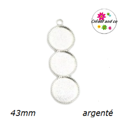 Pendentif  trio cabochon rond métal argenté 12mm