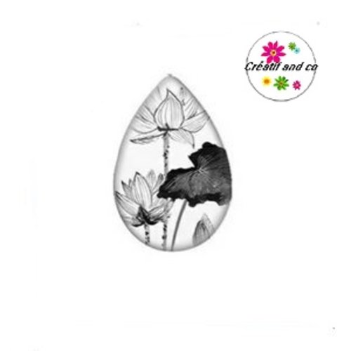 Cabochon goutte fleurs noires et blanches 18x25mm