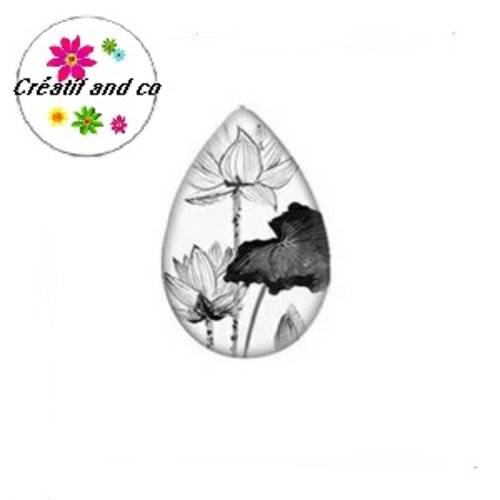 Cabochon goutte fleurs noires et blanches 18x25mm