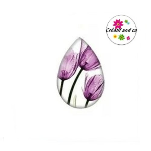 Cabochon goutte trio de tulipes mauves 18x25mm