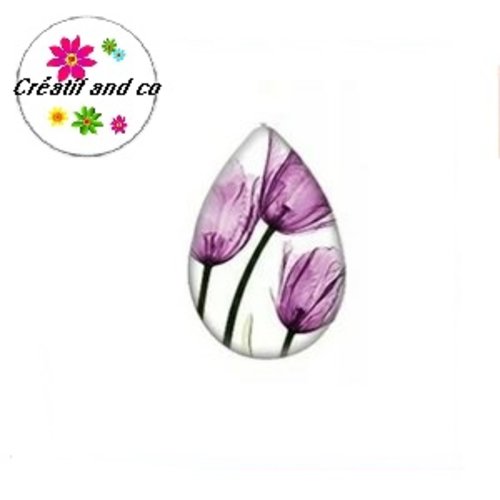 Cabochon goutte trio de tulipes mauves 18x25mm