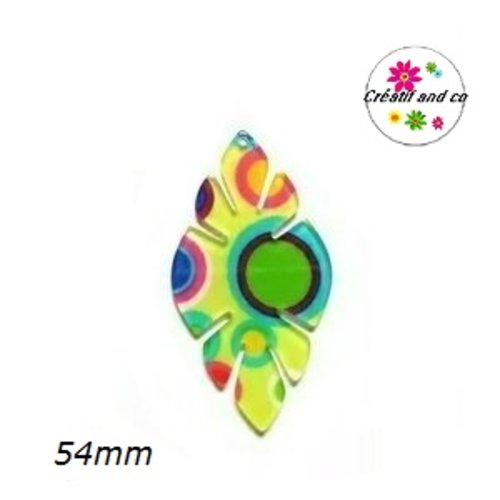 Breloque feuille colorée jaune acrylique 54mm