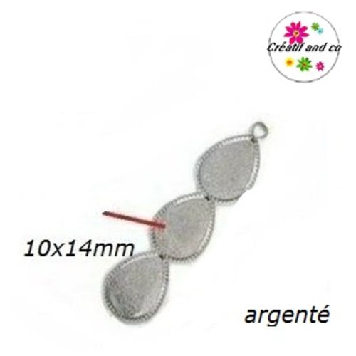 Pendentif  trio cabochon goutte argenté 10x14mm
