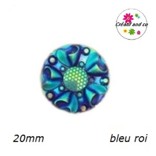 Cabochon motif fleur 3d bleu roi résine 20mm